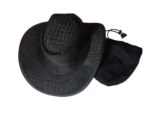 Sombrero plegable de piel negro con estampado de cocodrilo